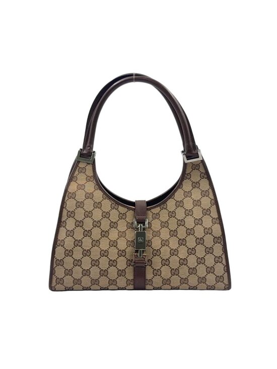 Gucci Handbags - Gucci Jackie Leather Canvas Brown Beige Handbag Silver